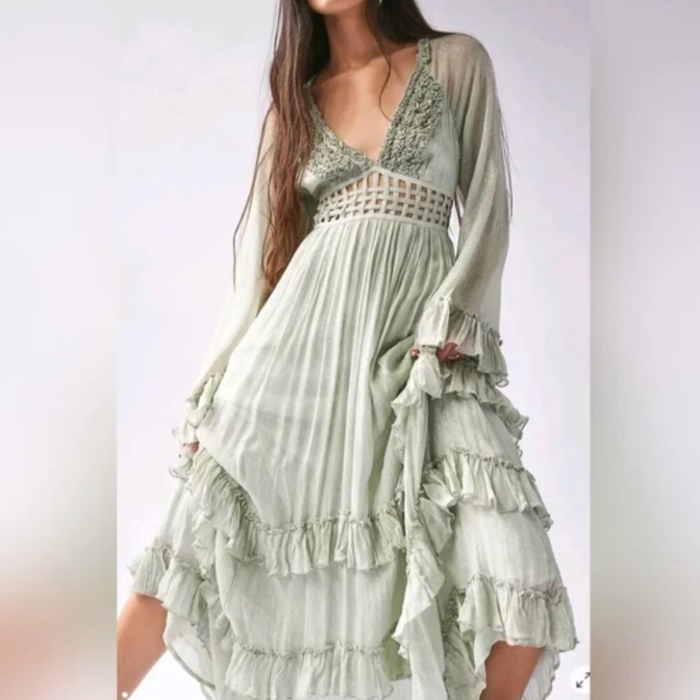 Free People Sage Green Maxi Dress with Ruffle Tiers - Picture 2 of 9